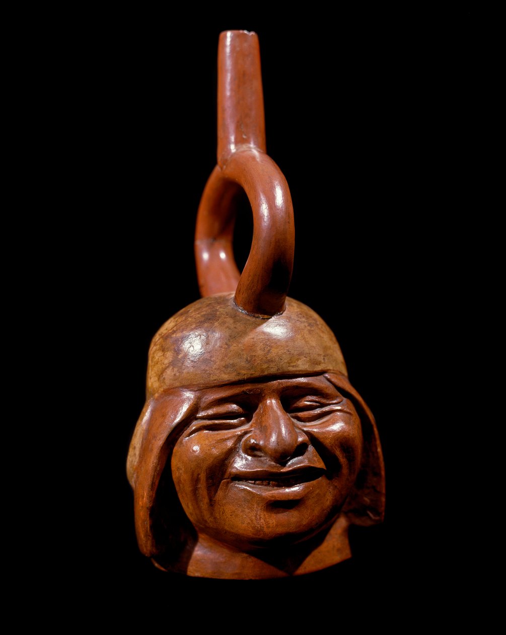 Sztuka przedkolumbijska, cywilizacja moche (brzydka, Mochica): antropomorficzna waza zwana śmiejącym się Człowiekiem. 200 pne-700 ne. Lima, Narodowe Muzeum Antropologii i Archeologii, Peru autorstwa Moche Moche