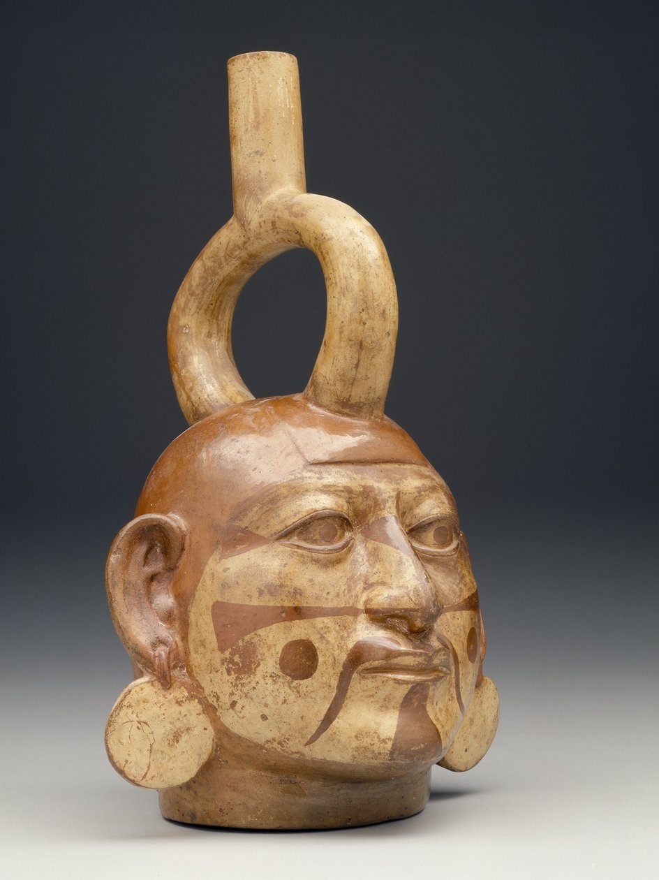 Naczynie z dziobkiem strzemionowym w kształcie głowy mężczyzny, ok. n.e. 450-550 (ceramika) autorstwa Moche Moche