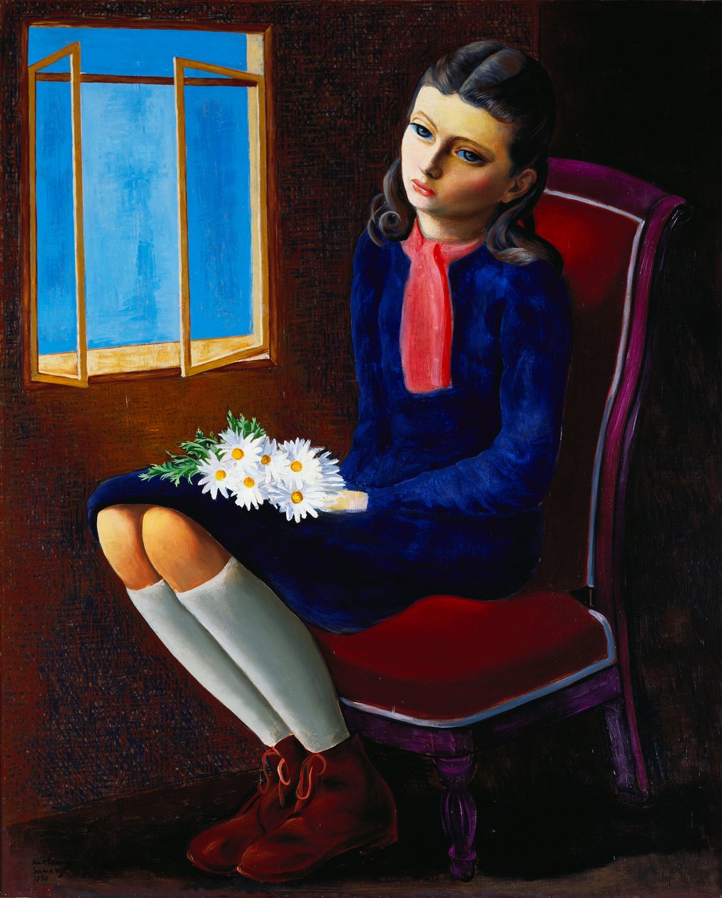 Młoda dziewczyna siedząca z Marguerites autorstwa Moise Kisling