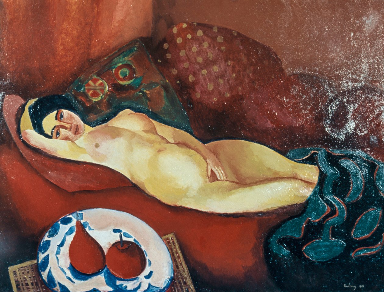Akt na czerwonej kanapie (olej na płótnie) autorstwa Moise Kisling