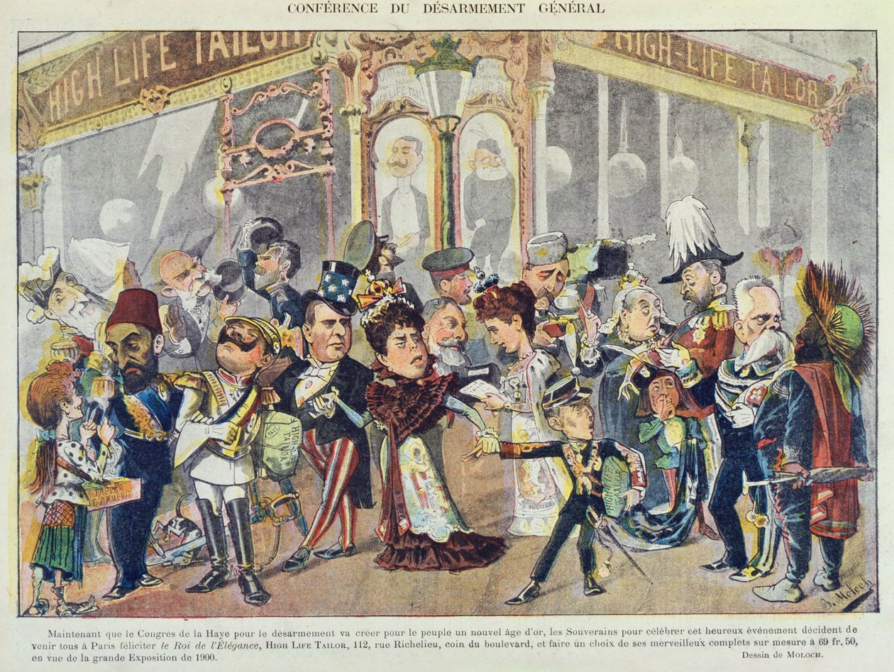 Reklama paryskiej firmy odzieżowej nawiązująca do Pierwszej Haskiej Konferencji Pokojowej z 1899 r., z magazynu „Le Rire”, 1899 autorstwa Moloch
