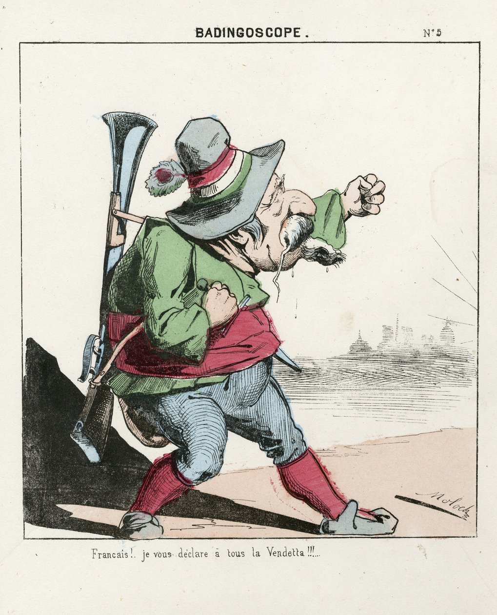 Latający liść, nr 5, Satyryka w kolorach, ok. 1870: Badingoscope - Komuna Paryska/Wojna/Oblężenie, Polowanie, Prezydent Republiki - Napoleon III - Ilustracja Molocha (1849-1909) autorstwa Moloch