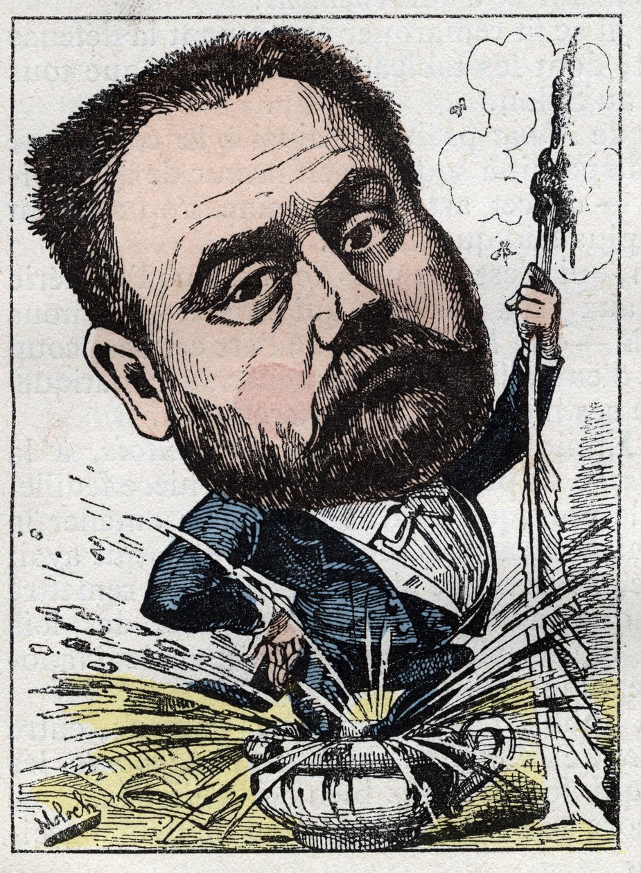 Portret Emila Zoli (1840-1902) francuskiego pisarza w „Le Trombinoscope” Touchatout, karykatura B. Molocha z 1882 (1849-1909). Prywatna kolekcja. autorstwa Moloch