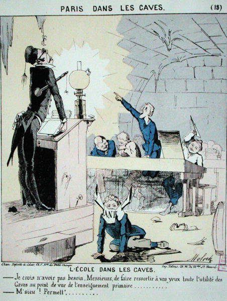 Szkoła w piwnicy, z „Paris dans les Caves”, ok. 1870 (kolorowa grawerunek) autorstwa Moloch