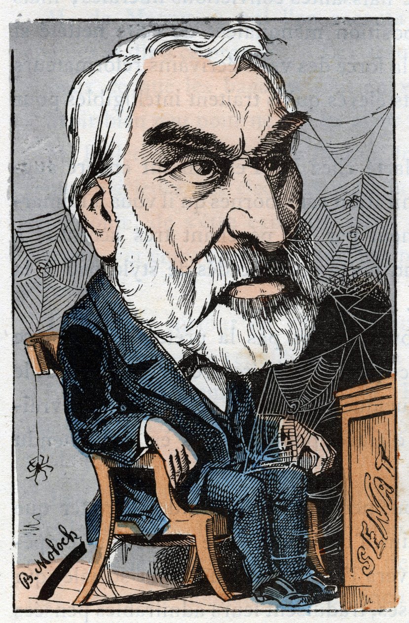 Eugene Pelletan (1813-1884), francuski dziennikarz literacki i polityk w „Le Trombinoscope” Touchatout, karykatura B. Molocha z 1882 (1849-1909). Prywatna kolekcja. autorstwa Moloch
