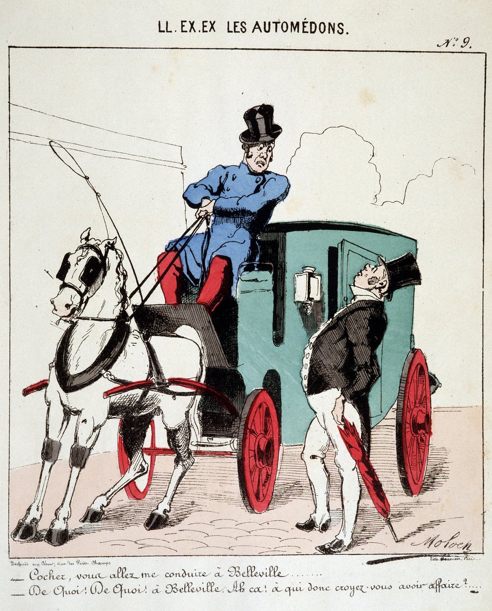ON. BYŁY. BYŁY. Motoredony: Karykatura transportu w mieście. Woźnica odmawia zabrania burżua do Belleville (Dzielnica Paryża). Rysunek Molocha (1849-1909), ok. 1860 r. autorstwa Moloch