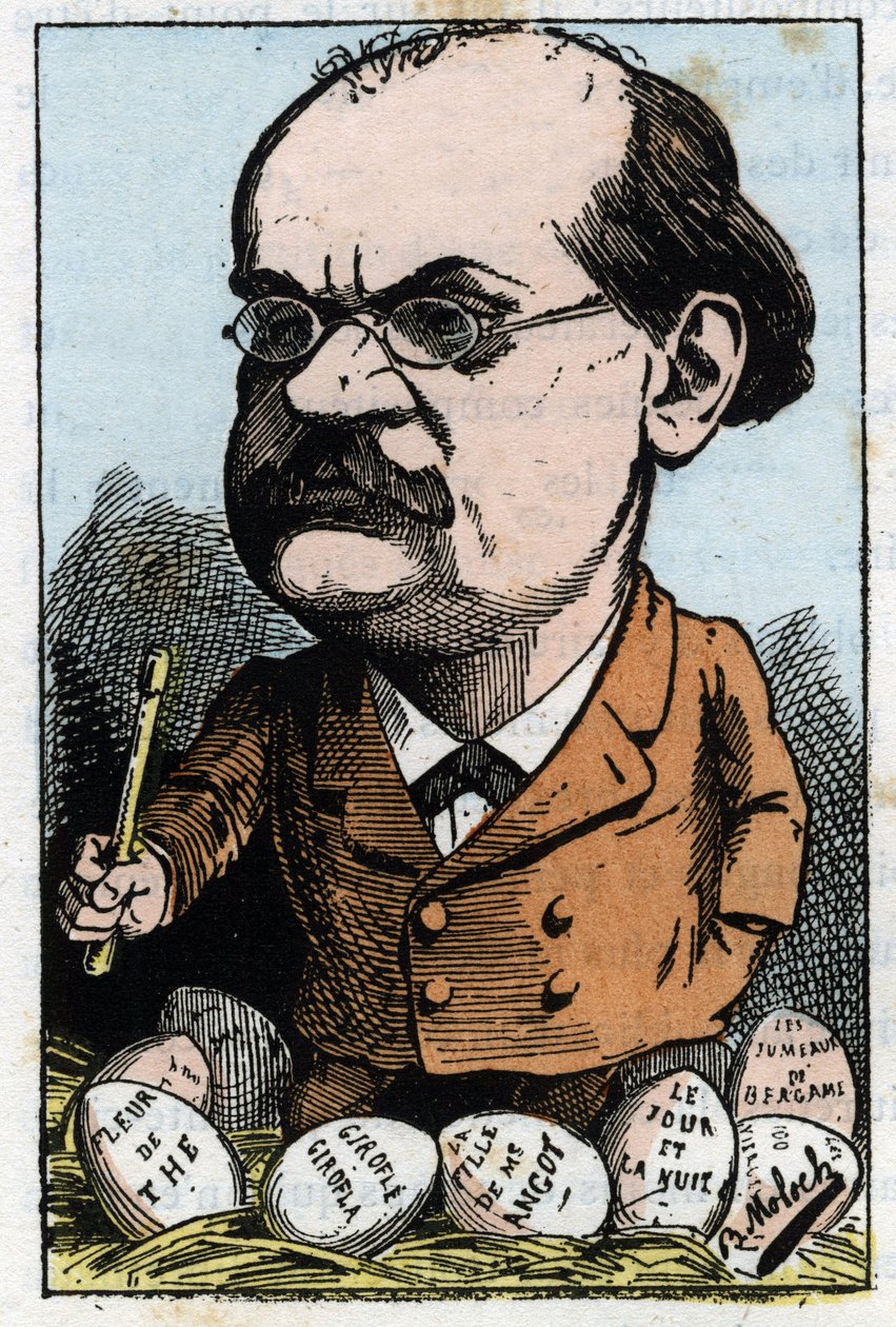 Portret Alexandre Charles Lecocq (1832-1918), francuskiego kompozytora w „Le Trombinoscope” Touchatout, karykatura B. Molocha z 1882 (1849-1909). Prywatna kolekcja. autorstwa Moloch