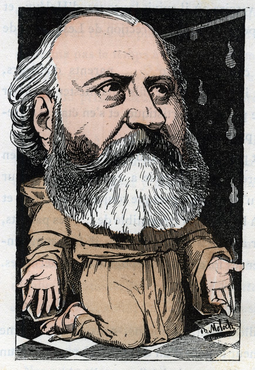 Portret Charlesa Gounoda (1818-1893), francuskiego kompozytora w „Le Trombinoscope” Touchatout, karykatura B. Molocha z 1882 (1849-1909). Prywatna kolekcja. autorstwa Moloch