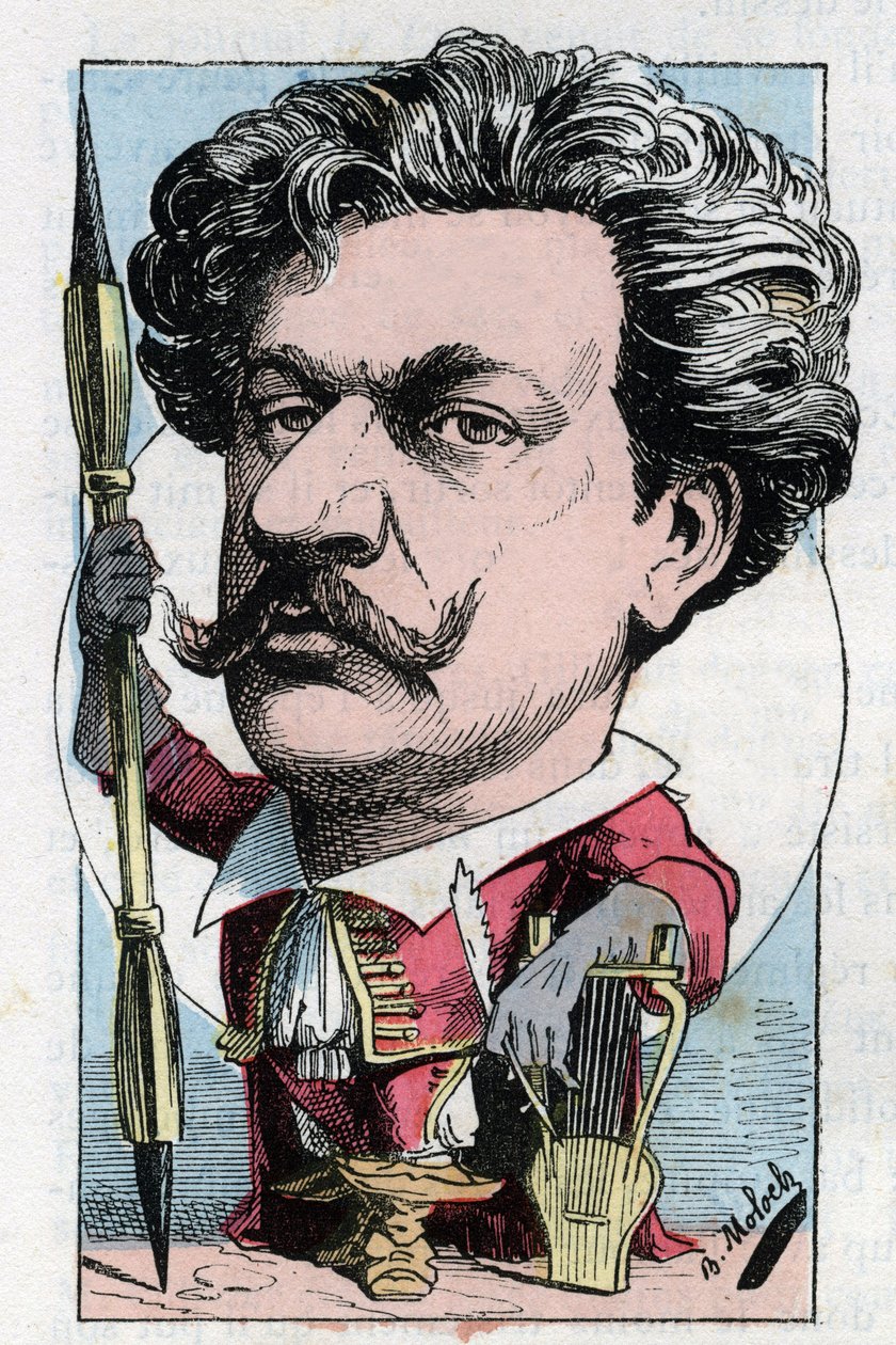 Portret Louisa Alexandre Gosset de Guines dit Andre Gill (1840 - 1885) francuskiego malarza poety w „Le Trombinoscope” Touchatout, rysunek B. Molocha z 1882 (1849-1909). Prywatna kolekcja. autorstwa Moloch
