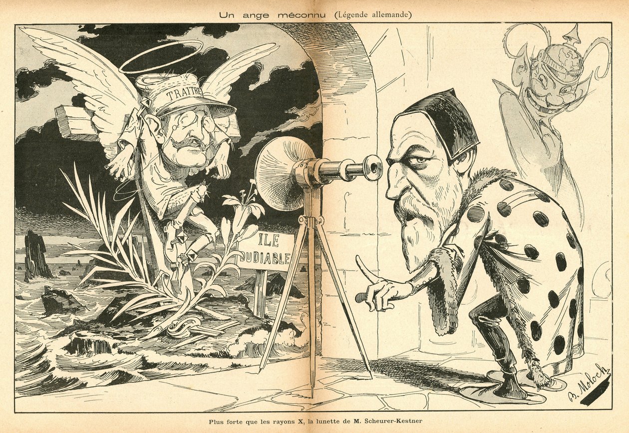 Obraz do śmiechu, numer 4, około 1897_11_13 - ilustracja Alphonse Hector Columbus, znany jako B. Moloch lub Moloch (1849-1909): Nieznany anioł - sprawa Dreyfusa, Wyspa Diabła - Dreyfus Alfred, Scherer-Kestner Auguste autorstwa Moloch