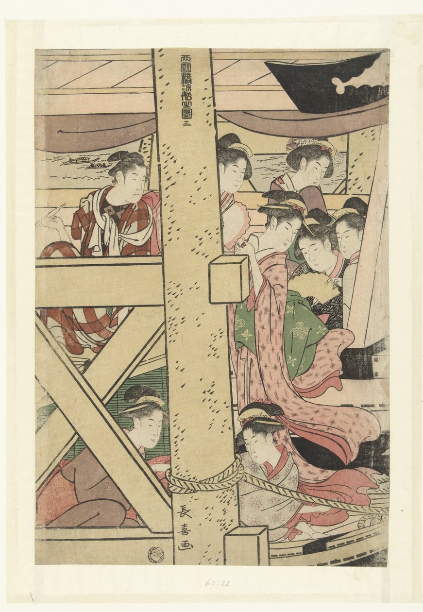 Ciesz się wieczornym chłodem na łodzi w Ryogoku Ryogokubashi suzumibune no zu (tytuł na obiekcie) autorstwa Momokawa Chôki