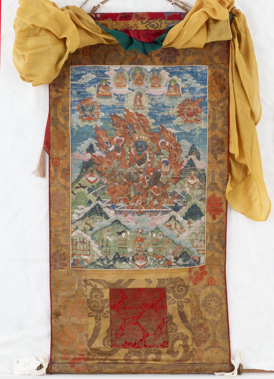 Damjen Garwa Nagpo, połowa XIX w. (pigmenty mineralne na klejonej bawełnie, oryginalne oprawy brokatowe Qing, oryginalna osłona przeciwpyłowa, mongolskie frędzle i kij z skuwkami) autorstwa Mongolian School