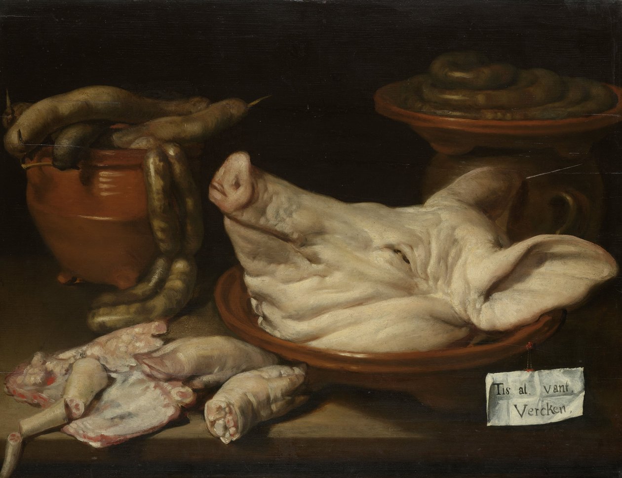 Martwa natura ze świńską głową, świńskimi golonkami i kiełbasą, ok. 1650 autorstwa Monogrammist JVR