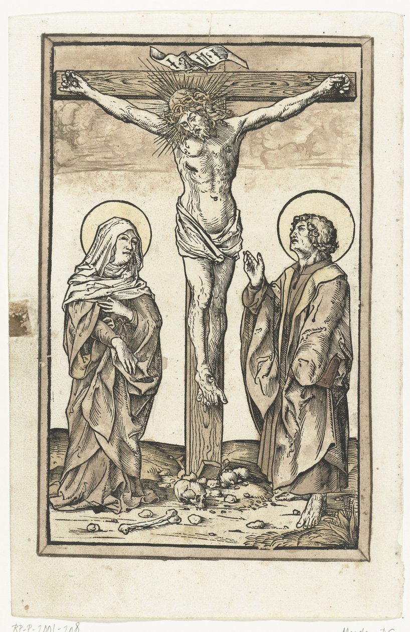 Chrystus na krzyżu z Maryją i Janem autorstwa Monogrammist DS (graveur) (attributed to)