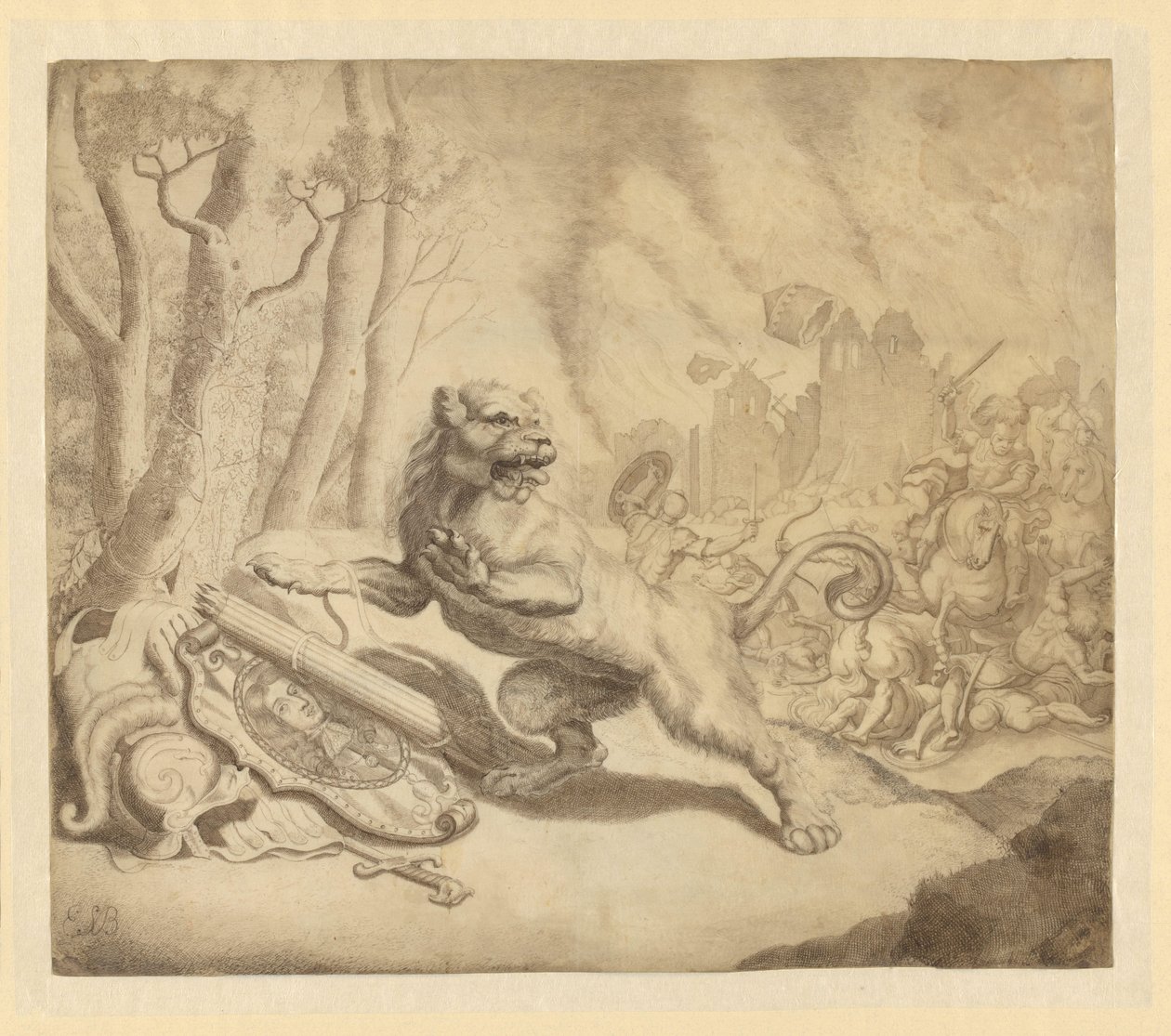 Lew holenderski prosi o pomoc Wilhelma III, 1672 autorstwa Monogrammist ESB (tekenaar) (signed by artist)