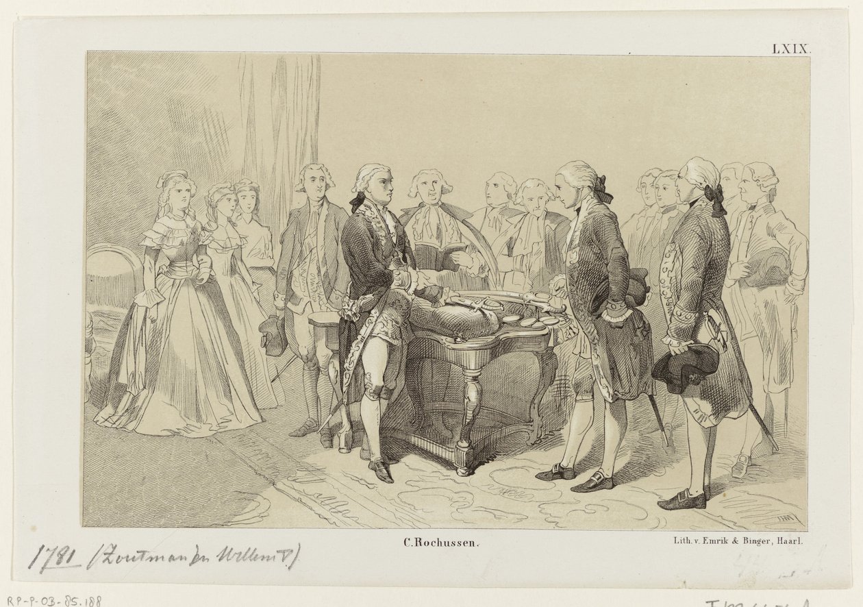 William V honoruje bohaterów bitwy morskiej pod Dogger Bank, 1781 autorstwa Monogrammist IHM