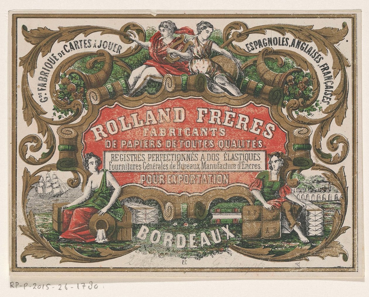 Wizytówka Rolland Frères, producenta papieru w Bordeaux autorstwa Monogrammist PC (lithograaf)