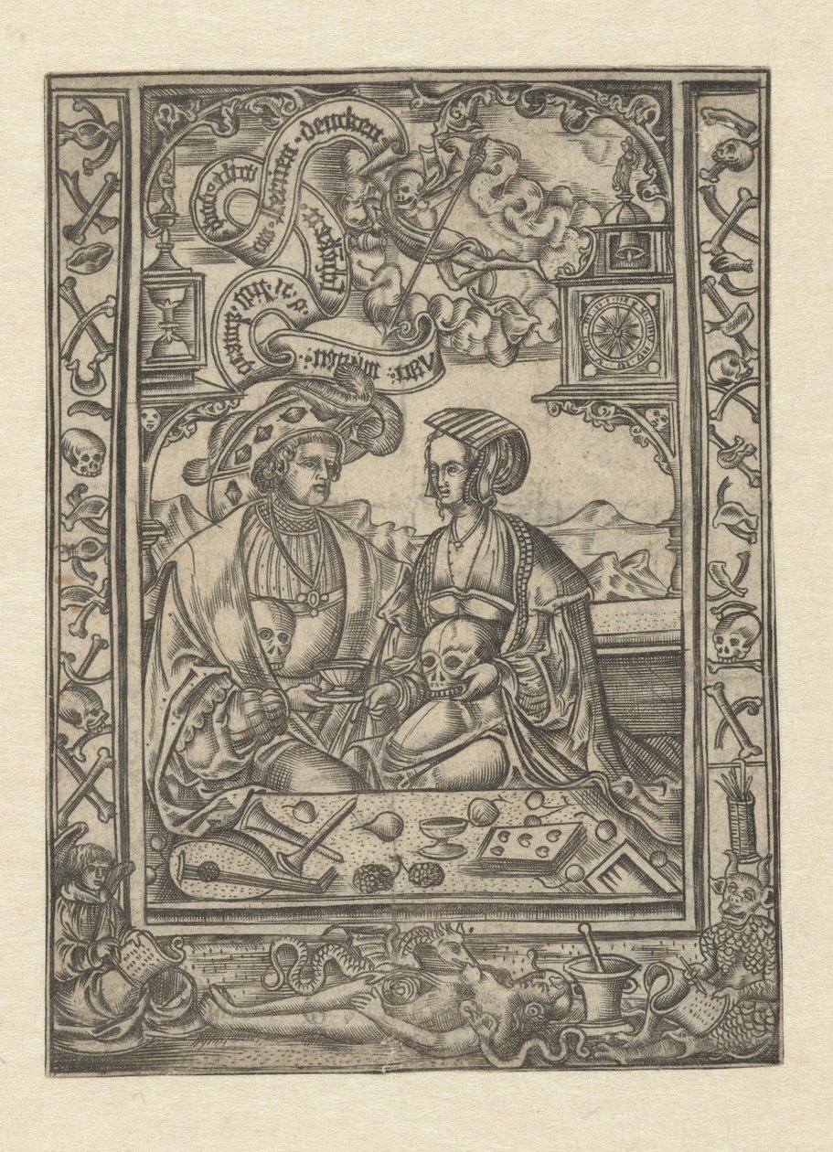 Vanitas Pan i kobieta z czaszką autorstwa Monogrammist XXX met L (attributed to)