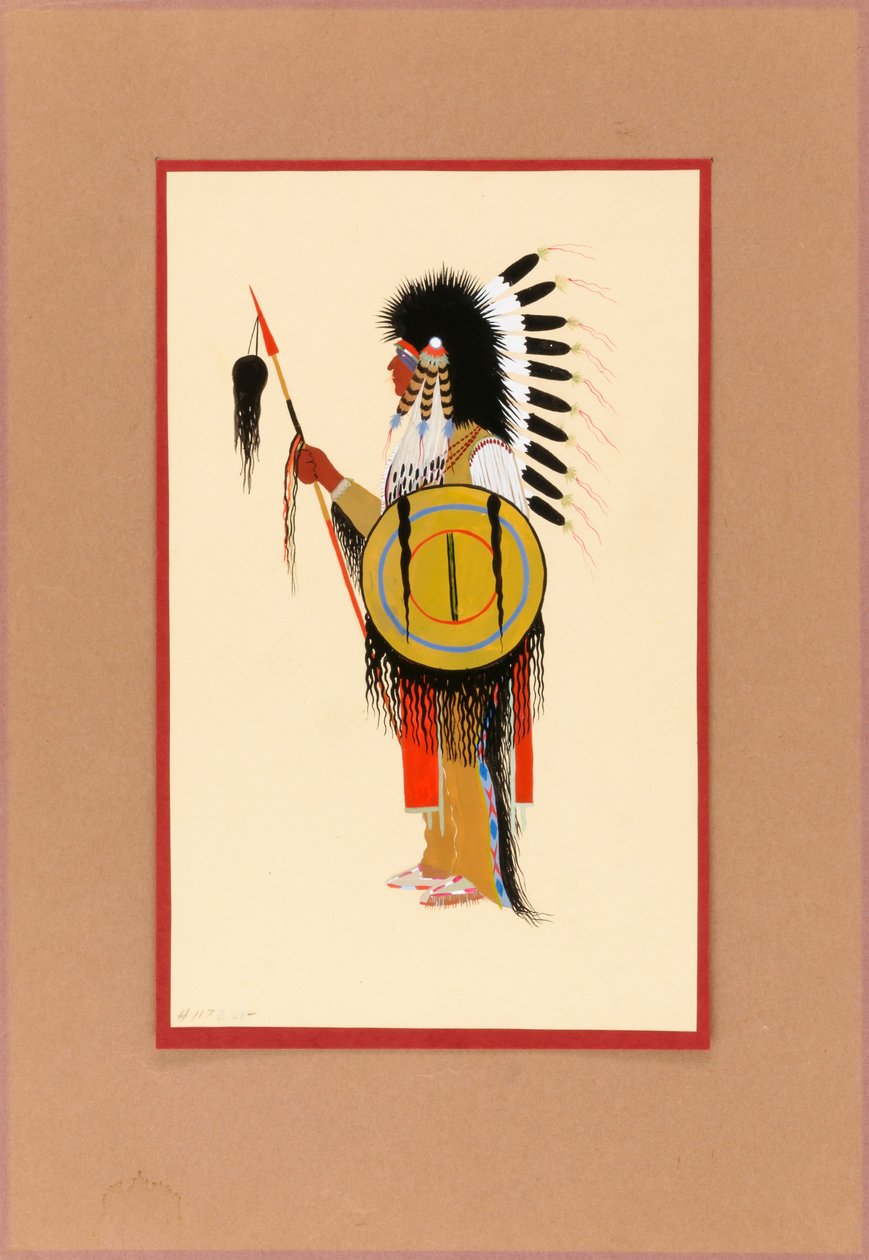 Cheyenne Warrior w piórkowym nakryciu głowy z tarczą, ca. 1915-1937. autorstwa Monroe Tsatoke