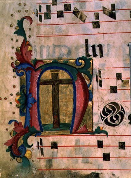 Ms 543 f.121v Historyczny inicjał „N” z Prawdziwym Krzyżem, z psałterza, ok. 1515 (welum) autorstwa Monte di Giovanni del Fora