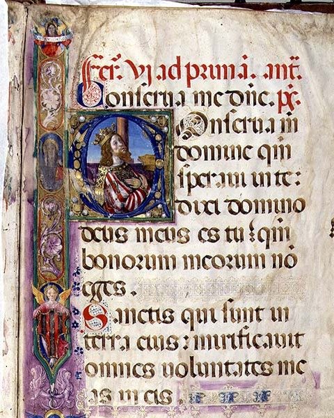 Ms 543 f.1r Historyczny inicjał „C” przedstawiający króla Dawida, z psałterza „D”, c.1515 (welum) autorstwa Monte di Giovanni del Fora