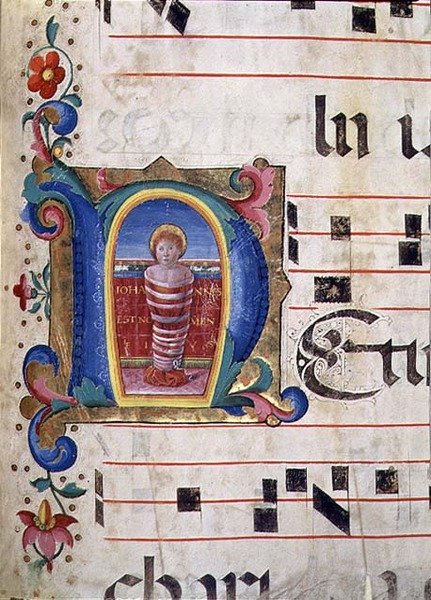 Ms 543 f.74r Historyczny inicjał „N” z niemowlęciem Janem Chrzcicielem w pieluszce, z psałterza, ok. 1515 (wellum) autorstwa Monte di Giovanni del Fora