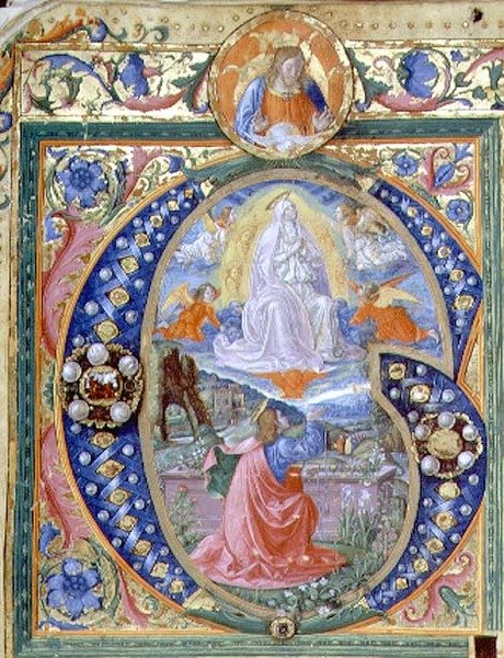 f.106v Historyczny inicjał „G” z Wniebowzięciem Dziewicy, z Mszału (welum) autorstwa Monte di Giovanni del Fora