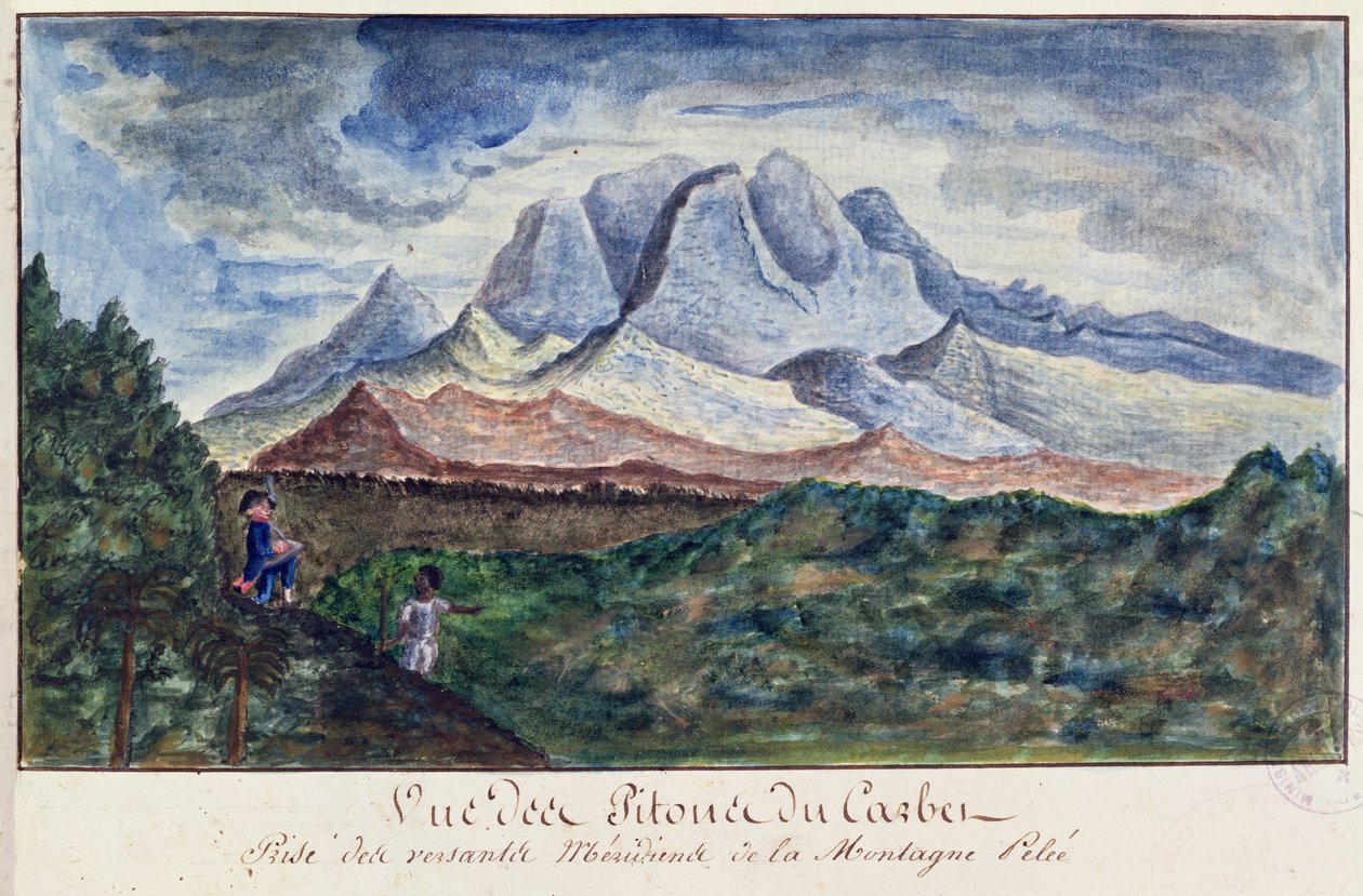 Widok Pitons du Carbet z Mount Pelee, Martynika, ok. 1815 (akwarela na papierze) autorstwa Moreau de Jones