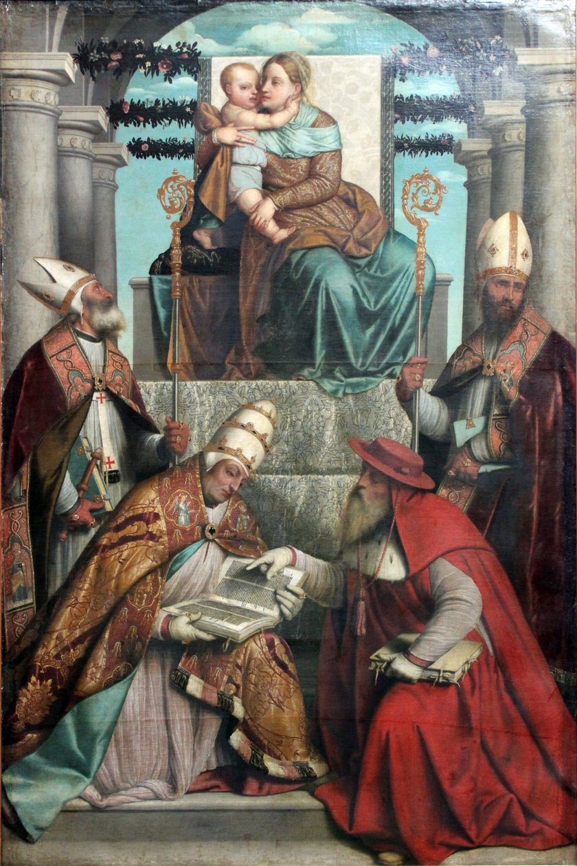 Dziewica z Dzieciątkiem na tronie z czterema ojcami Kościoła łacińskiego autorstwa Moretto da Brescia