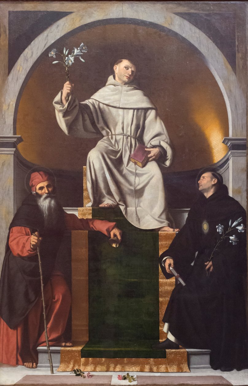 Święty Antoni z Padwy między świętym Antonim Wielkim a Mikołajem z Tolentino autorstwa Moretto da Brescia