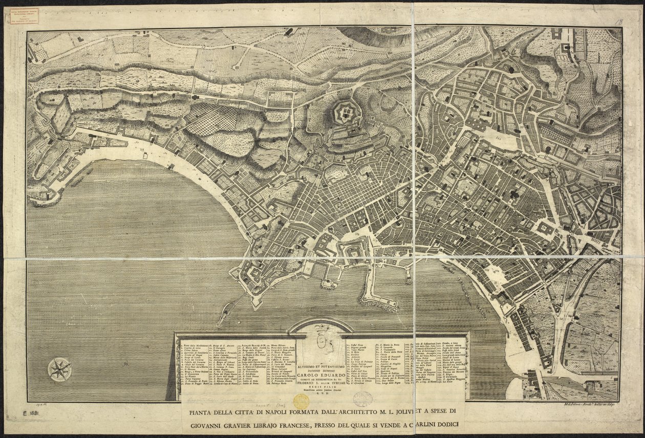Mapa Neapolu, Plan miasta Neapol... M.L. Jolivet... belin. [sic] i sclp. 1755 (grawerowanie) autorstwa Morise Lewes Jolivet