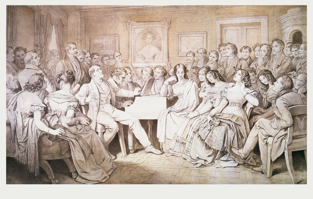 Wieczór u barona von Spauna: Schubert przy fortepianie wśród przyjaciół, w tym barytona operowego Johanna Vogla (1768-1840) autorstwa Moritz Ludwig von Schwind