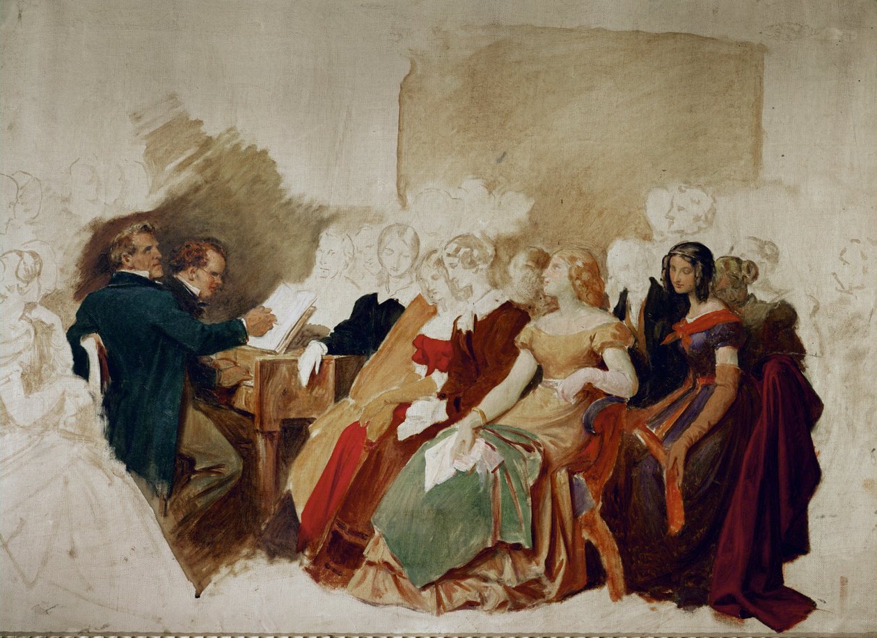Wieczór u barona Spauna, Schubert przy fortepianie, obok niego tenor Johann Michael Vogl... (akwarela) autorstwa Moritz Ludwig von Schwind