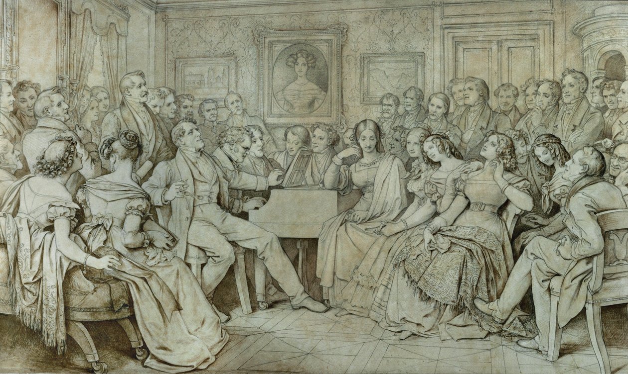 Wieczór u barona Spauna, Schubert przy fortepianie, tenor Johann Michael Vogl śpiewa ... (atrament, sepia) autorstwa Moritz Ludwig von Schwind