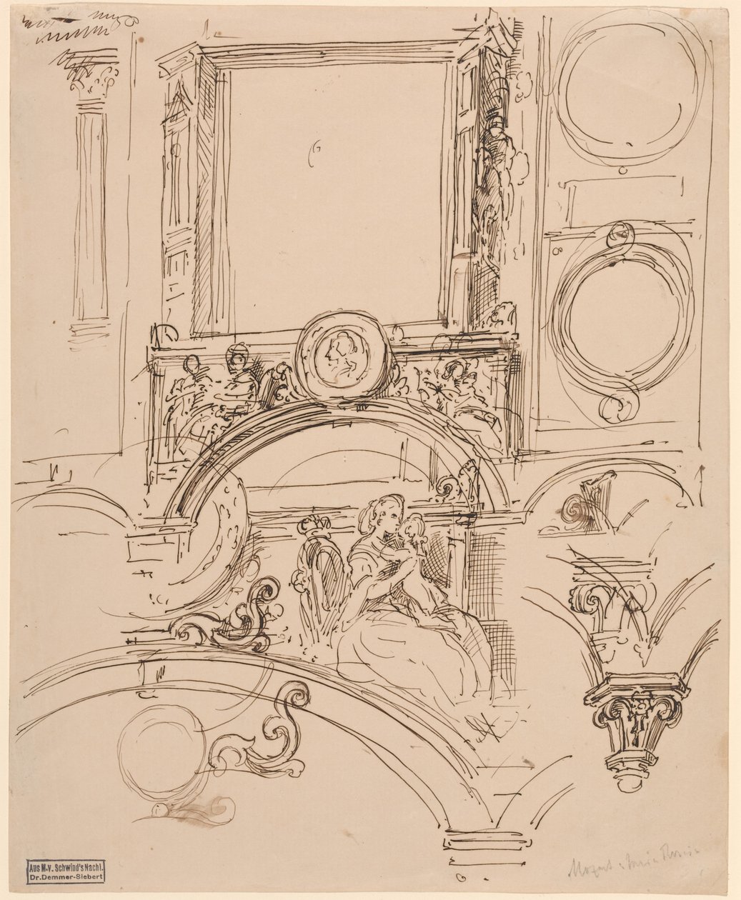 Detale architektoniczne dekoracji ściennej z cesarzową Marią Teresą obejmującą młodego Wolfganga Amadeusza Mozarta, ok. 1864 (pióro i tusz) autorstwa Moritz Ludwig von Schwind