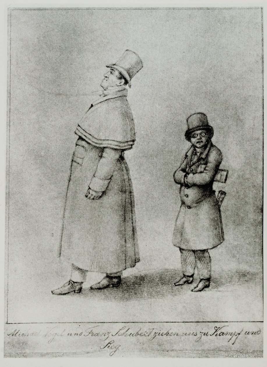 Johann Michael Vogl i Franz Schubert maszerujący do bitwy i zwycięstwa ... (rycina) autorstwa Moritz Ludwig von Schwind