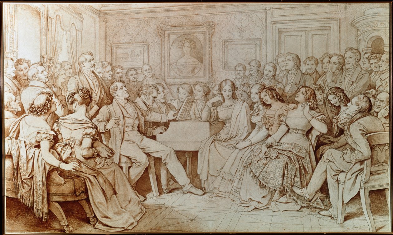 Kompozytor Franz Schubert towarzyszy tenorowi Johannowi Michaelowi Voglowi podczas wieczoru muzycznego u Barona von Spaun (Rysunek autorstwa Moritz Ludwig von Schwind