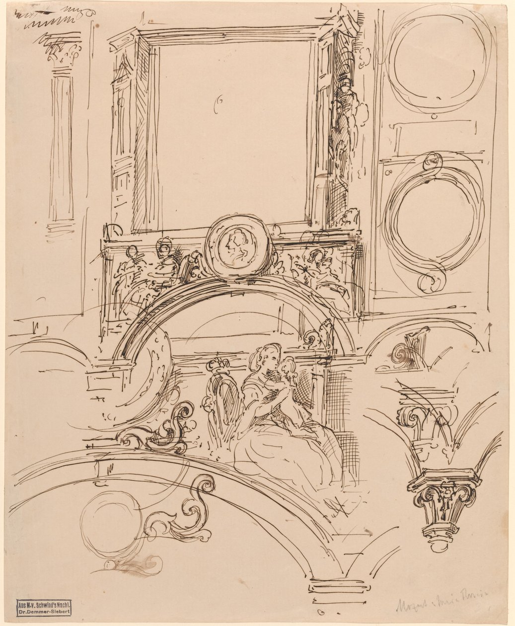 Detale architektoniczne dekoracji ściennej z cesarzową Marią Teresą obejmującą młodego Wolfganga Amadeusza Mozarta autorstwa Moritz Ludwig von Schwind