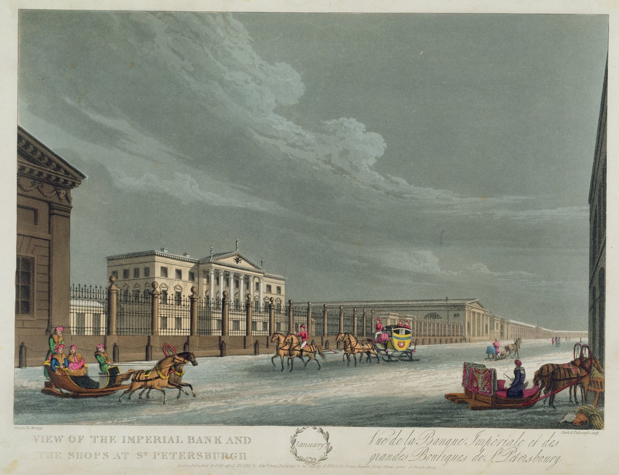 Widok na Imperial Bank i sklepy w Petersburgu, ilustracja na styczeń z „Roku w Petersburgu” sztychowanego przez Johna H. Clarka, kolorowanego przez M. Dubourga, wyd. 1815 w Londynie Edwarda Orme autorstwa Mornay