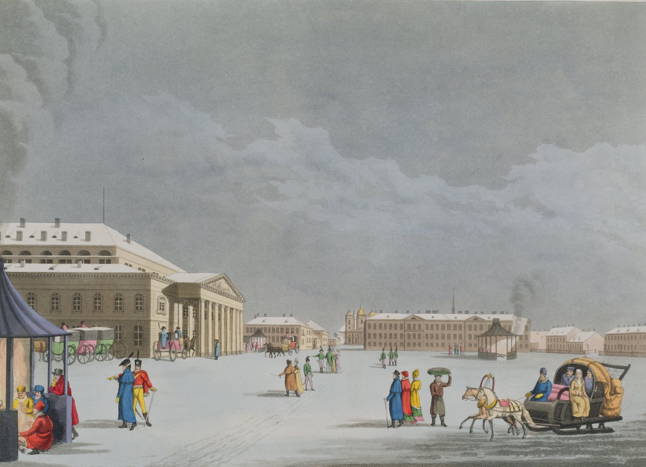 Widok na Plac i Teatr Wielki w Petersburgu, ilustracja do marca z „Roku w Petersburgu” sztychowana przez Johna H. Clarka, kolorowana przez M.Dubourga, wyd. 1815 w Londynie przez Edwarda Orme (c autorstwa Mornay