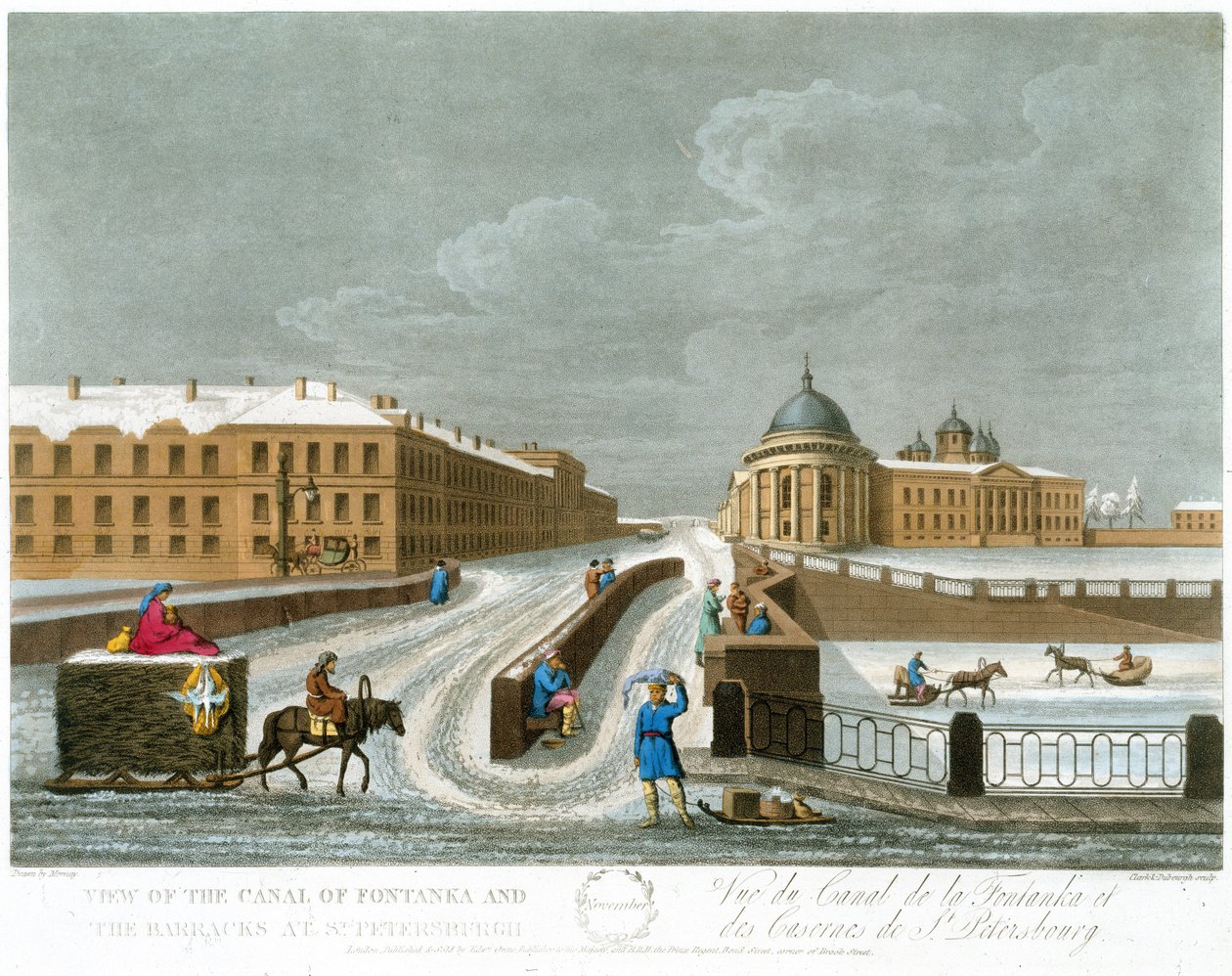 Widok na kanał Fontanka i koszary, ilustracja na listopad z Roku w Petersburgu sztychowana przez Johna H. Clarka, kolorowana przez M. Dubourga. pub. 1815 w Londynie autorstwa Edwarda Orme (kolor lit autorstwa Mornay