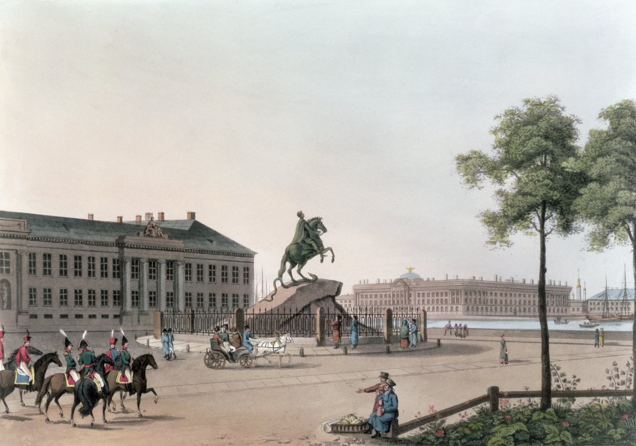 Widok Placu Piotra Wielkiego i Domu Senatu w Petersburgu, ilustracja majowa z „Roku w Petersburgu” sztychowana przez Johna H. Clarka, kolorowana przez M. Dubourga, wyd. 1815 w Londynie b autorstwa Mornay