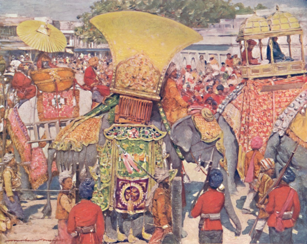 „Słonie birmańskie przy wejściu do państwa”, 1903 autorstwa Mortimer L Menpes