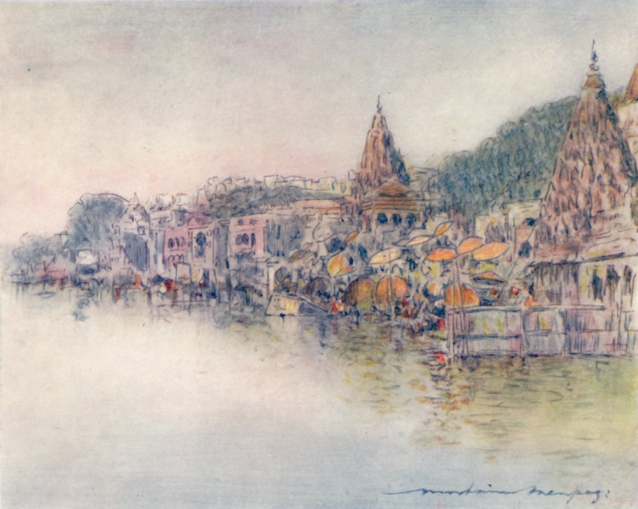 Nad brzegiem rzeki Świętej, Benares, 1905 autorstwa Mortimer Ludington Menpes