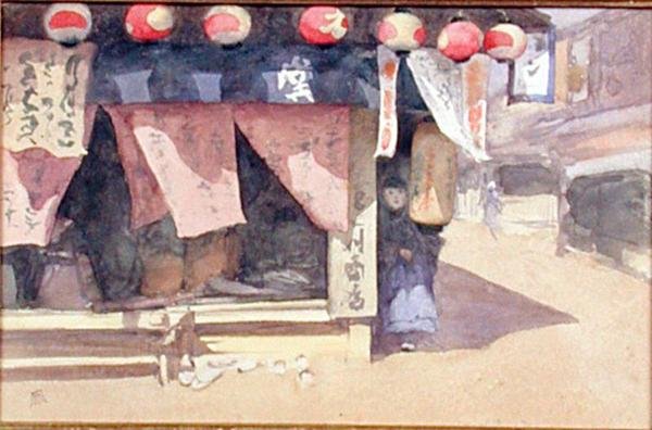 Na zewnątrz herbaciarni, Japonia, ok. 1887-88 (akwarela na karcie) autorstwa Mortimer Ludington Menpes