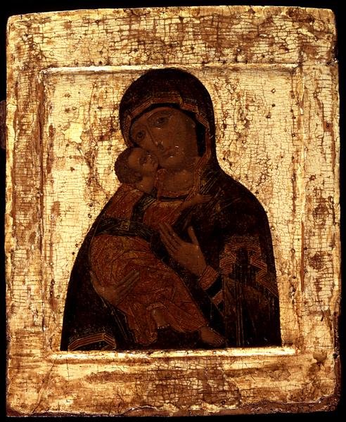 Ikona Matki Boskiej Włodzimierskiej, początek XVII w. (złoty liść i tempera na desce) autorstwa Moscow School