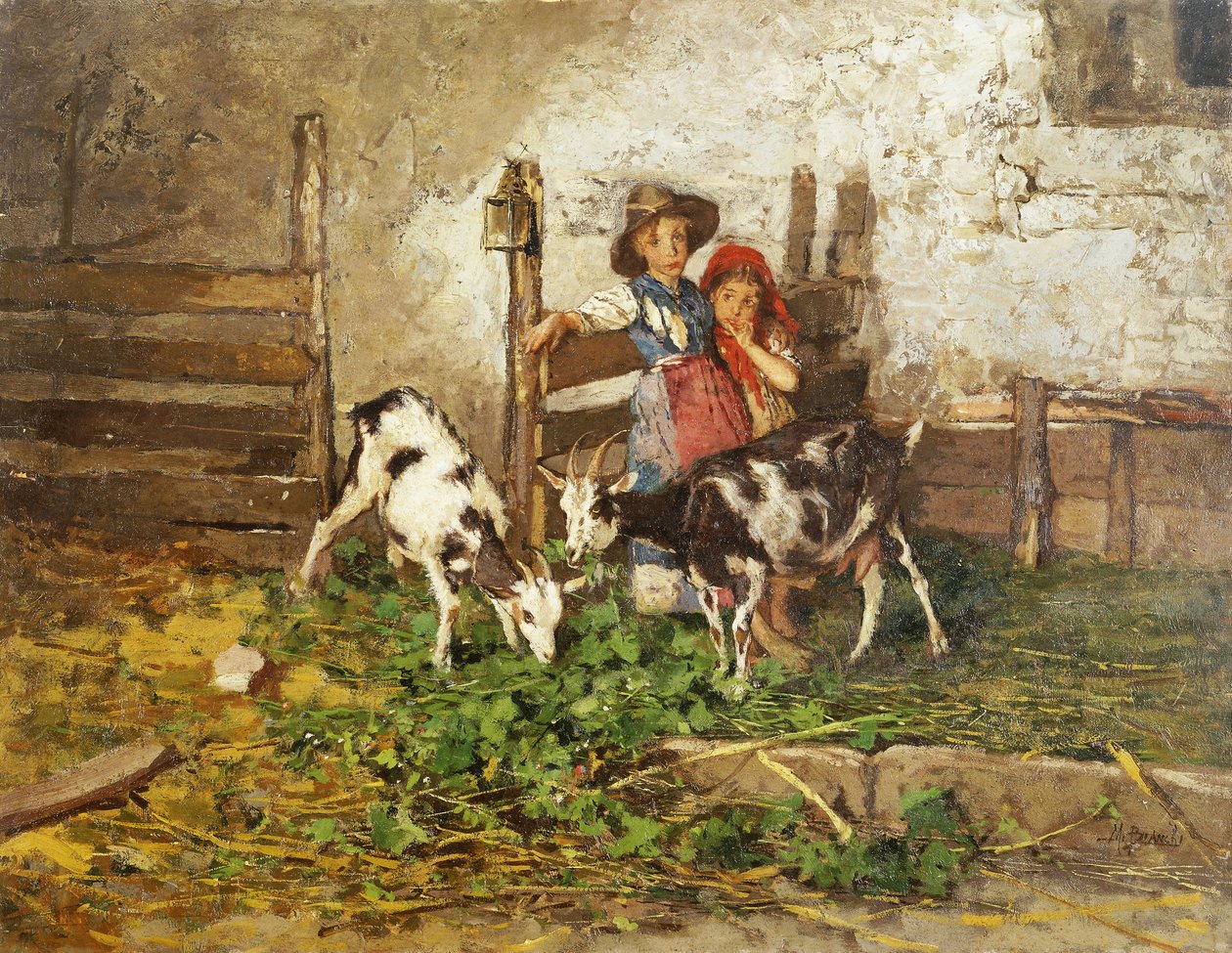 Dzieci i kozy w stodole, autorstwa Mose Bianchi