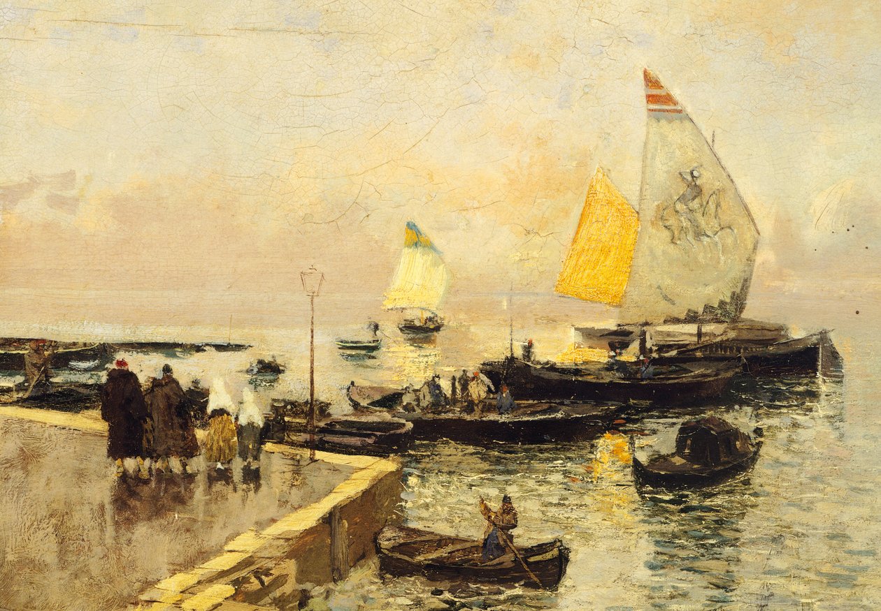 Łodzie węglowe w Chioggi – Mose Bianchi (1840-1904). autorstwa Mose Bianchi