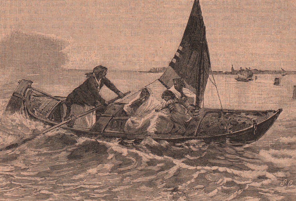 Przeprawa przez lagunę, obraz Mose Bianchi (1836-1892), Chioggia, Veneto, Włochy, drzeworyt z Le cento citta d