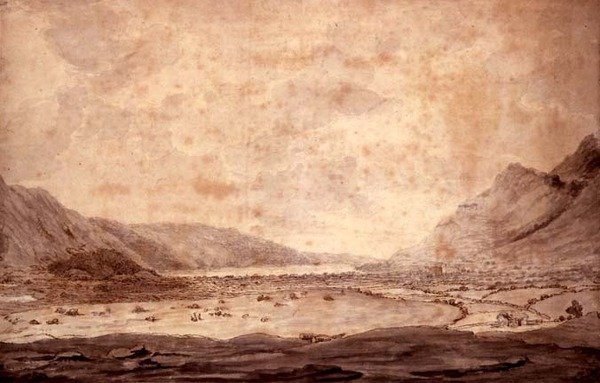 Panoramiczny widok na Derwentwater i dolinę Keswick, fragment doliny z Bassenthwaite w oddali, ok. 1772 autorstwa Moses Griffith